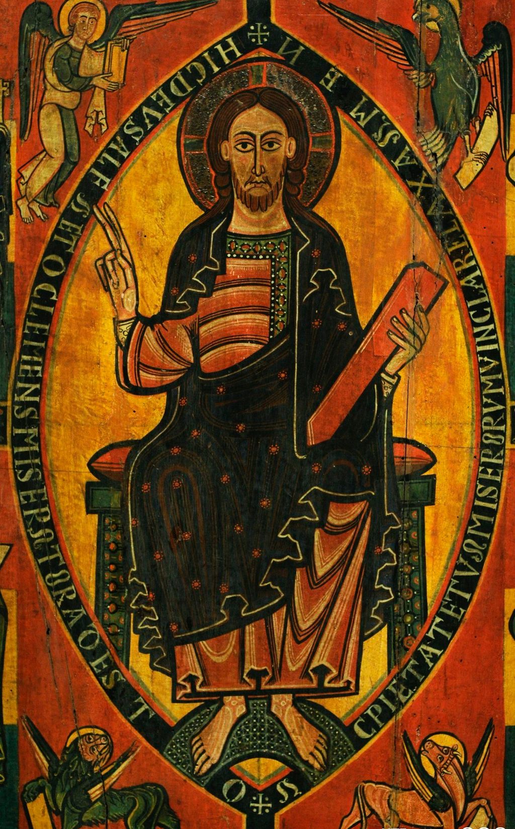 Måleri av Jesus som held ei bok i den eine handa og held opp to fingrar med den andre. Rundt hovudet er ein glorie. Han er omgitt av tekst og fire ulike figurar. Illustrasjon.