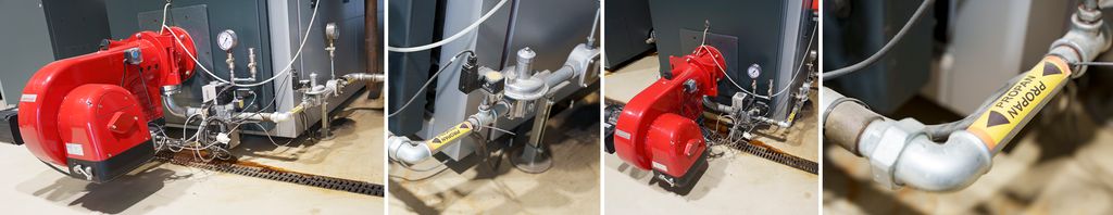 Bilder av en fyrkjele fra forskjellige vinkler. På en stor, grå kjele er det koplet en rød propanvarmer med diverse rør, ledninger og målere. Foto.