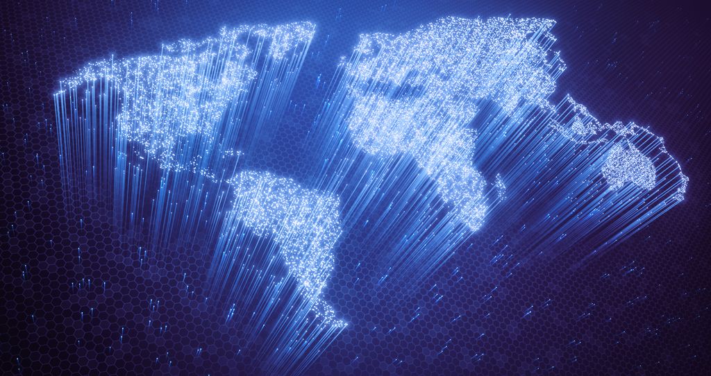 Verdenskart som består av lysstråler. Illustrasjon.