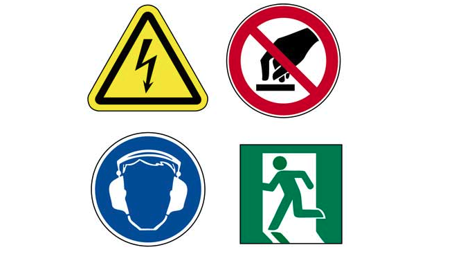 Ulike skilt for bruk ved HMS-arbeid. Illustrasjon.