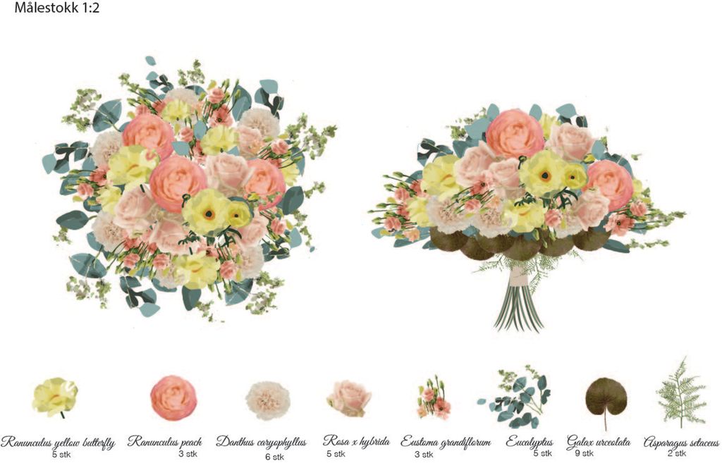 Buketten er sett ovenfra og fra sida. Hver enkelt blomsterart er gjengitt med utklipp fra foto på ei rekke nederst. Illustrasjon.