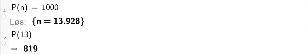 På linje 4 i CAS-vinduet i GeoGebra er P av n satt lik 1000. Svaret med Løs er n er lik 13,928. På linje 5 er P av 13 regnet ut til 819. Skjermutklipp.
