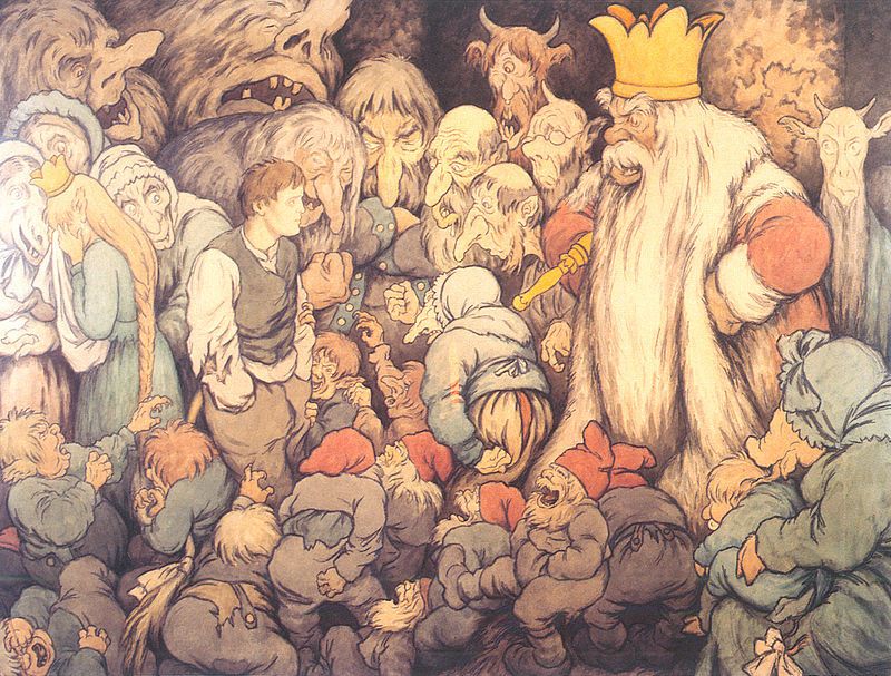 Peer Gynt, Dovregubben med krone og ei rekke småtroll som ler. Illustrasjon.