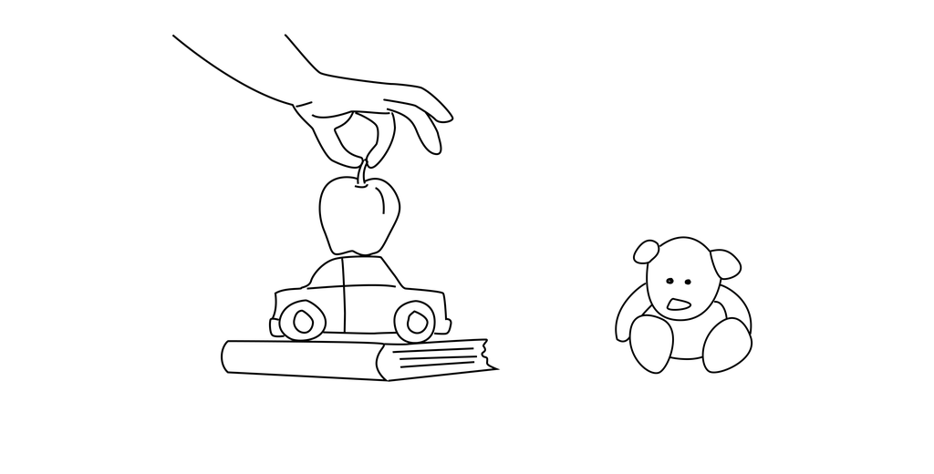 Ei hand som set eit eple oppå ein leikebil og ei bok, ved sida av ein bamse. Illustrasjon.