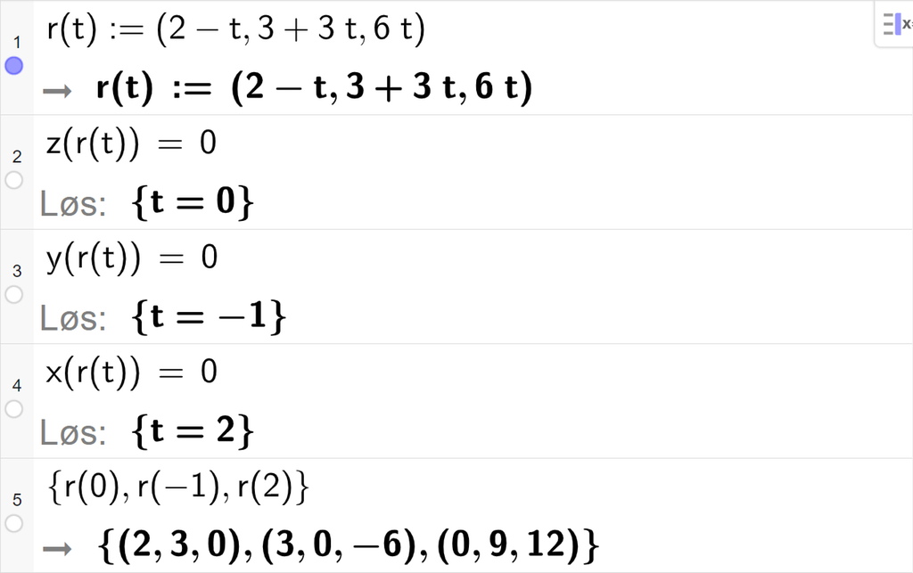 Skjermutklipp fra CAS-feltet i GeoGebra. På linje 1 er r av t definert med koordinatene 2 minus t, 3 pluss 3 t og 6 t. På linje 2 er z av r av t satt lik 0. Svaret med Løs er t er lik 0. På linje 3 er y av r av t satt lik 0. Svaret med Løs er t er lik minus 1. På linje 4 er x av r av t satt lik 0. Svaret med Løs er t er lik 2. På linje 5 er det skrevet sløyfeparentes r av 0 komma, r av minus 1 komma, r av 2 sløyfeparentes slutt. Svaret er ei liste med tre punkter. Det første punktet har koordinatene 2, 3 og 0, det andre punktet har koordinatene 3, 0 og minus 6, og det tredje punktet har koordinatene 0, 9 og 12. Skjermutklipp.