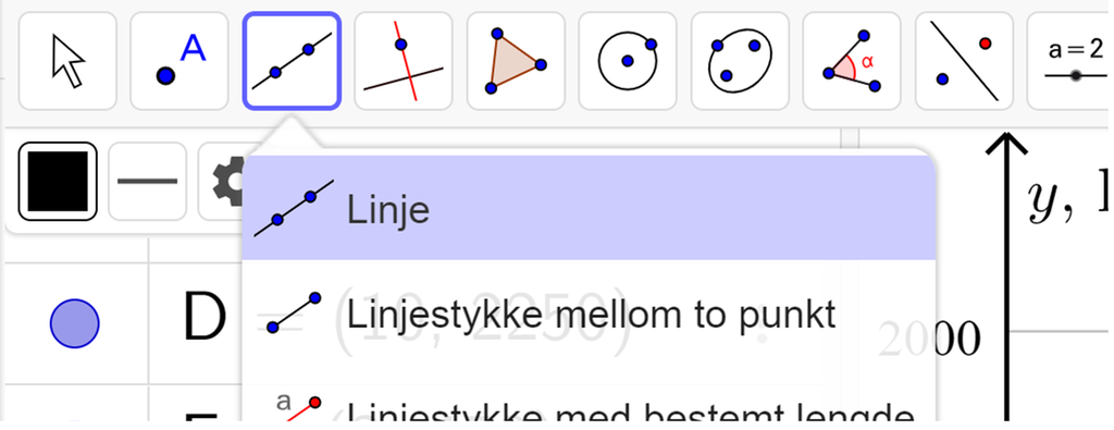Ikoner og nedtrekksmeny som viser hvordan du velger linjeverktøyet i GeoGebra. Skjermutklipp.