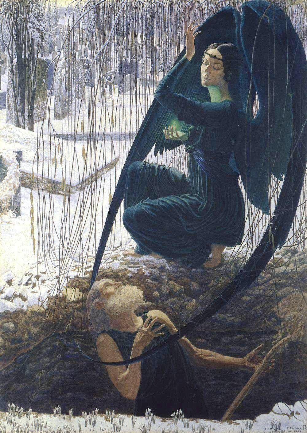 Måleri av ein mann med grått hår og grått skjegg som står nede i ei grav med ein spade i hendene. Han ser opp mot ein svart engel som har komme til. Engelen har lys i den eine handa og breier englevingene sine om mannen. Illustrasjon.