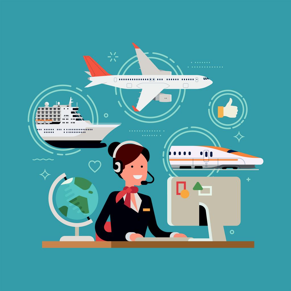 Illustrasjon av ein person med hovudtelefonar som sit framfor ein pc-skjerm. Rundt personen er det fleire mindre illustrasjonar som er knytte til reise: eit fly, eit tog, ein globus og eit skip. Illustrasjon.