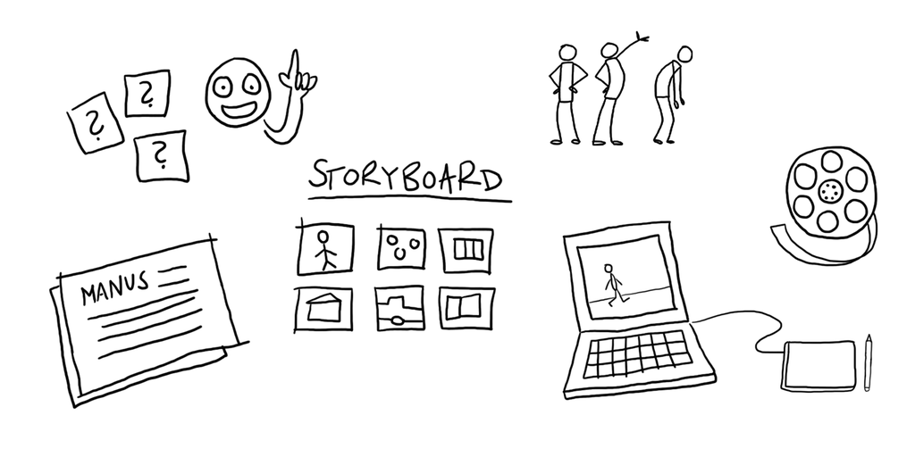 Strektegninger av datautstyr, manus, storyboard, filmrull, idèprosess og karakterer.