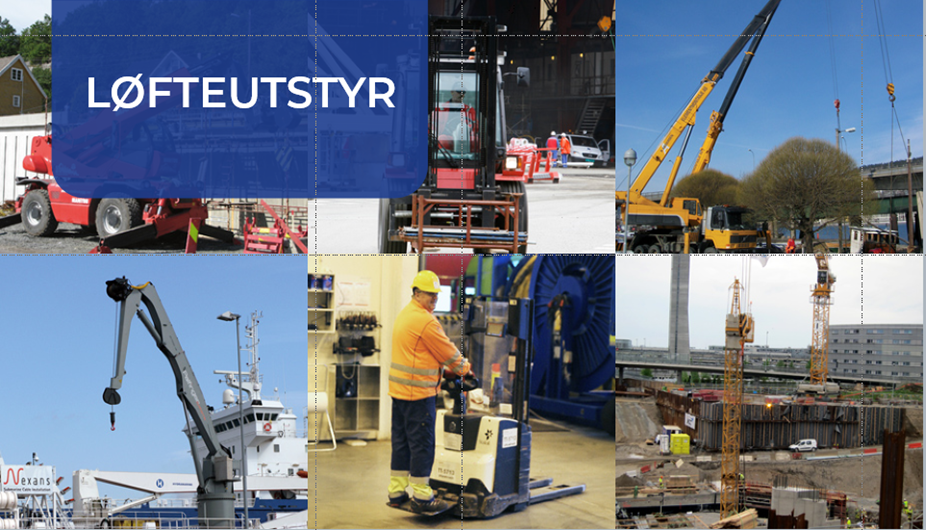 Kollasj av ulike typer løfteutstyr. Foto.