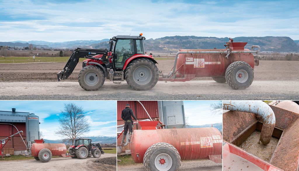 Kollasj av bilder av ulike arbeidsoppgaver ved utkjøring av husdyrgjødsel. Foto.