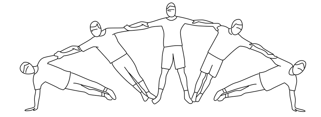 Fem personar lagar ein pyramide med kroppane sine. Illustrasjon.
