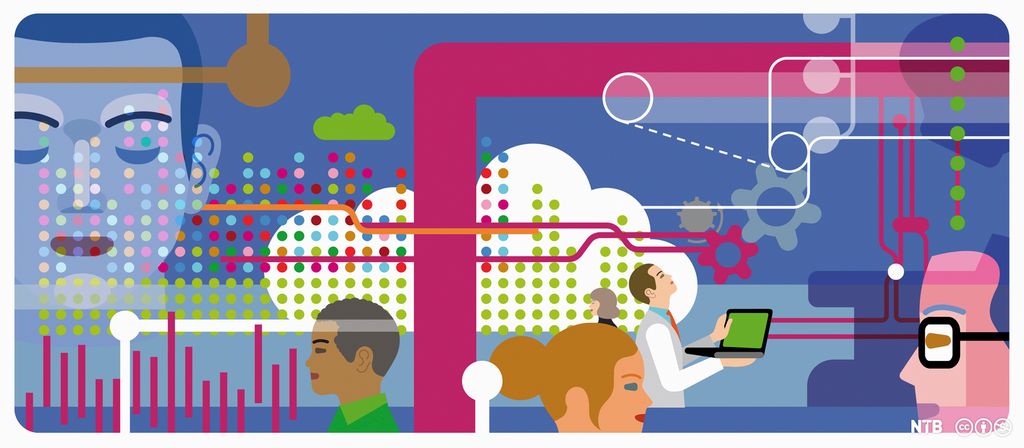 Illustration: We see an abstract illustration of different people making use of data,  connecting.
