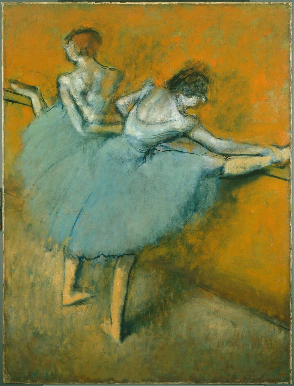 Pastelltegning av to ballerinaer som strekker ut ved en ballettstang. Foto.