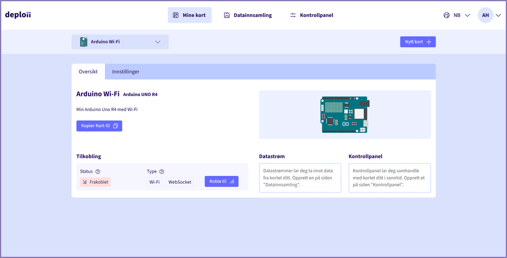 Nettside i Deploii som viser valg av mikrokontroller Arduino. Skjermutklipp.