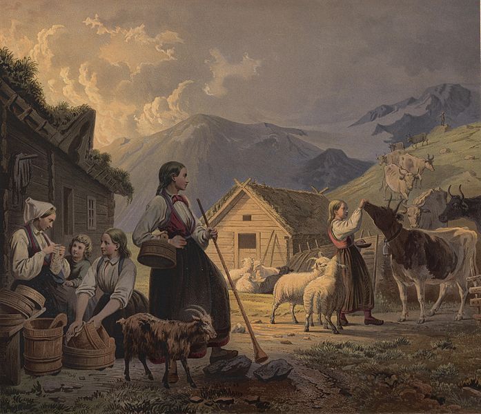 Livet på ei seter. Unge kvinner i bunad og dyr i samspel. Måleri.