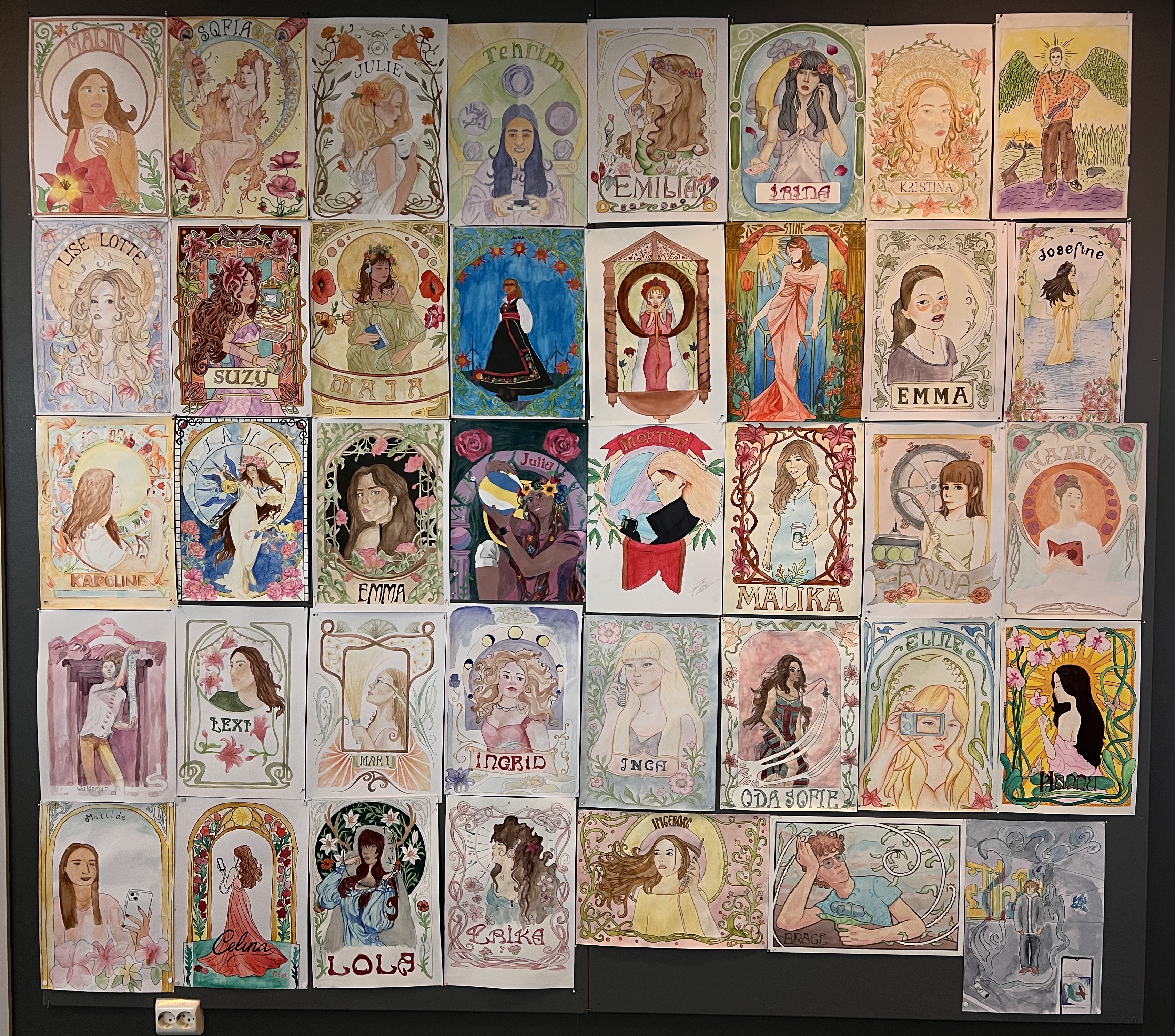 39 dekorative portretter som inkluderer en moderne gjenstand og kunstnerens navn. Foto.