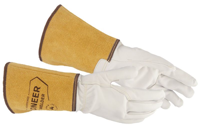 Eit par kvite og gule sveisehanskar. Foto.