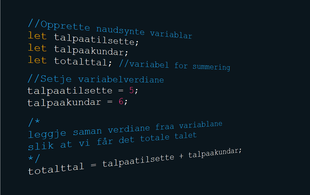 Ein del linjer JavaScript-kode. Teksten har forskjellig farge avhengig av om det er ein del av programmet eller til dømes kommentarar. Illustrasjon.