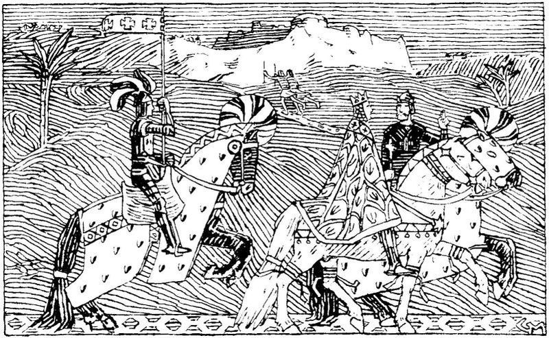Sigurd og kong Baldvine til hest. Illustrasjon.