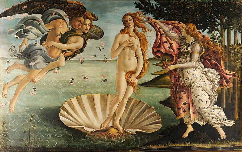 Sandro Botticellis berømte maleri Nascita di Venere - Venus' fødsel. Viser gudinnen Venus stående på et skjell nylig kommet opp fra havet. Maleri.