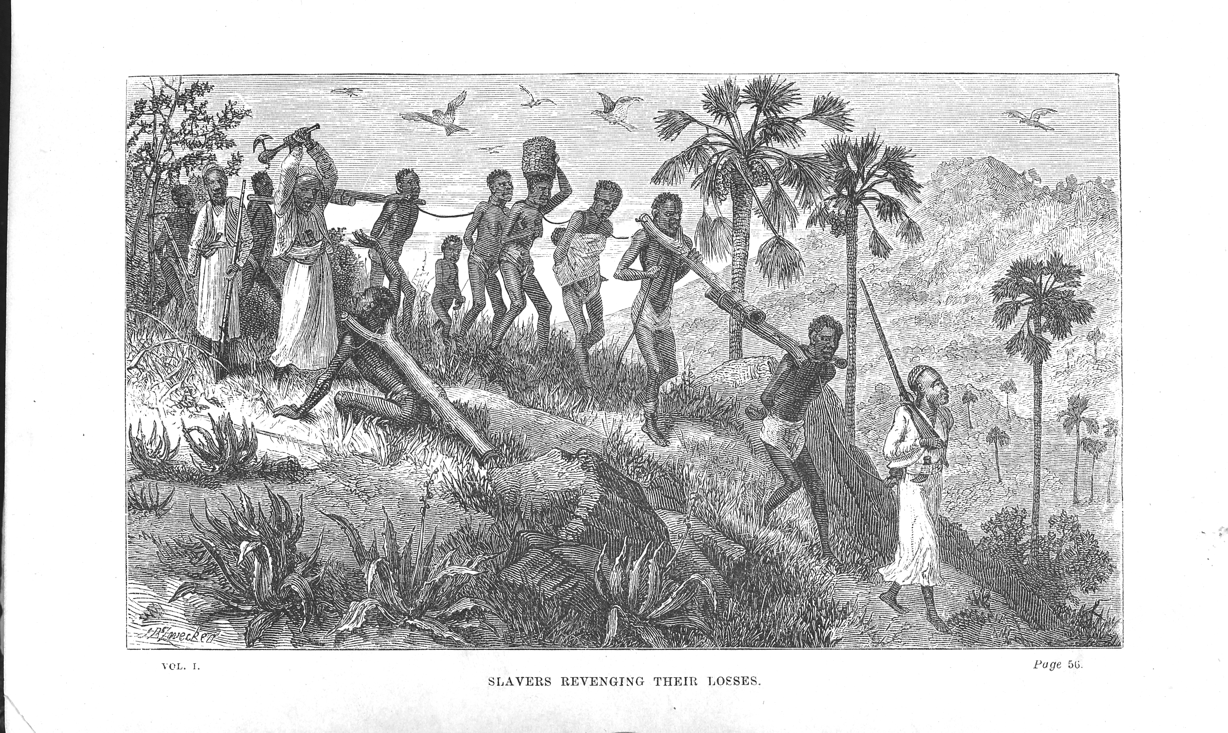 Slavehandlere med slaver. Vi ser en av vaktene som slår i hjel en av slavene som ikke klarer holde følge med de andre. Illustrasjon.