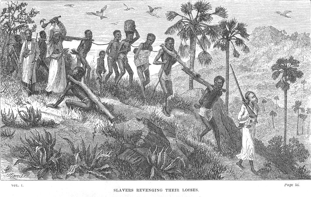 Slavehandlere med slaver. Vi ser en av vaktene som slår i hjel en av slavene som ikke klarer holde følge med de andre. Illustrasjon.
