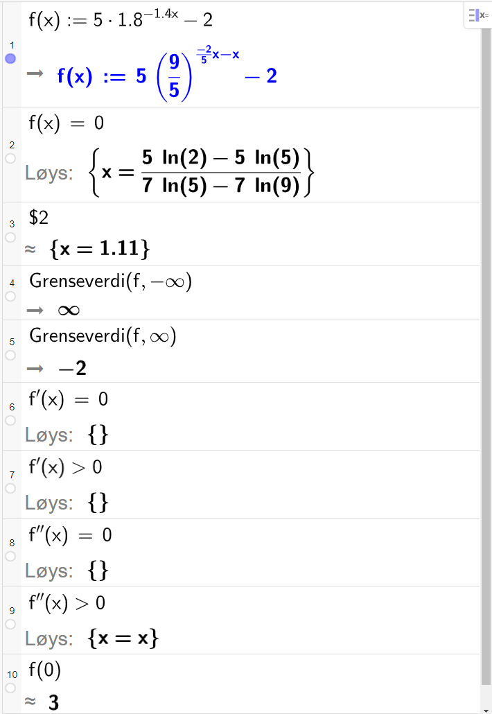 CAS-utrekning med GeoGebra. På linje 1 er det skrive f av x kolon er lik 5 multiplisert med 1,8 opphøgd i minus 1,4 x minus 2. Svaret er f av x kolon er lik 5 multiplisert med parentes 9 femdelar parentes slutt opphøgd i parentes minus 2 femdels x minus x parentes slutt minus 2. På linje 2 er det skrive f av x er lik 0. Svaret med "Løys" er x er lik parentes 5 l n parentes 2 parentes slutt minus 5 l n parentes 5 parentes slutt parentes slutt delt på parentes 7 l n parentes 5 parentes slutt minus 7 l n parentes 9 parentes slutt parentes slutt. På linje 3 er det skrive dollarteikn 2. Svaret med tilnærming er x er lik 1,11. På linje 4 er det skrive "Grenseverdi" parentes f komma, minus uendeleg parentes slutt. Svaret er uendeleg. På linje 5 er det skrive "Grenseverdi" parentes f komma, uendeleg parentes slutt. Svaret er minus 2. På linje 6 er det skrive f derivert av x er lik 0. Svaret med "Løys" er ingen ting. På linje 7 er det skrive f derivert av x større enn 0. Svaret med "Løys" er ingen ting. På linje 8 er det skrive f dobbeltderivert av x er lik 0. Svaret med "Løys" er ingen ting. På linje 9 er det skrive f dobbeltderivert av x større enn 0. Svaret med "Løys" er x er lik x. På linje 10 er det skrive f av 0. Svaret med tilnærming er 3. Skjermutklipp.