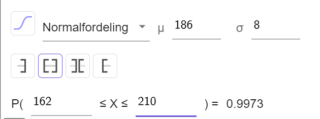 Sannsynlighetskalkulatoren i GeoGebra. Normalfordeling med forventningsverdi lik 186 og standardavvik lik 8. Utregning er P av 162 mindre enn eller lik X mindre enn eller lik 210 er lik 0,9973. Skjermutklipp.