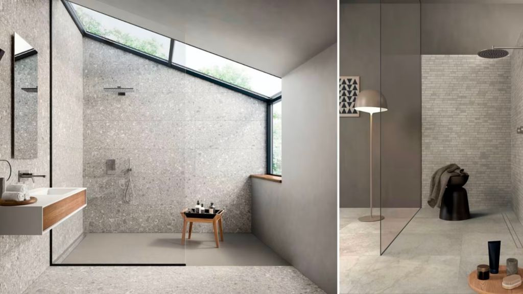 To baderomsløsninger med bruk av keramiske fliser. Foto.