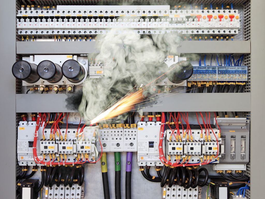 En overbelasta elektrisk krets som fører til elektrisk kortslutning og brann. Foto.