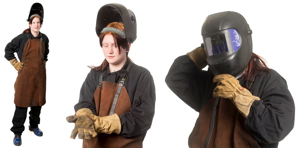 Bilder av en person i arbeidstøy med vernesko, sveisehansker, sveiseforkle og sveisemaske. Sveisemaska vises i både åpen og lukka stilling. Foto.