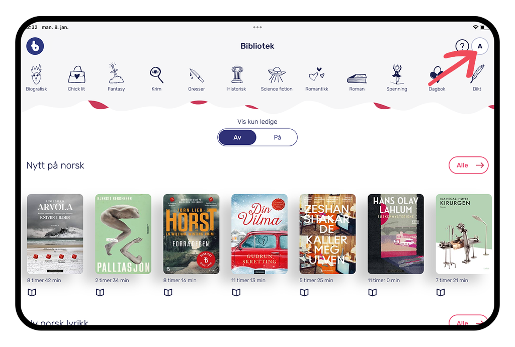 Bibliotek-appen BookBites. Skjermutklipp.