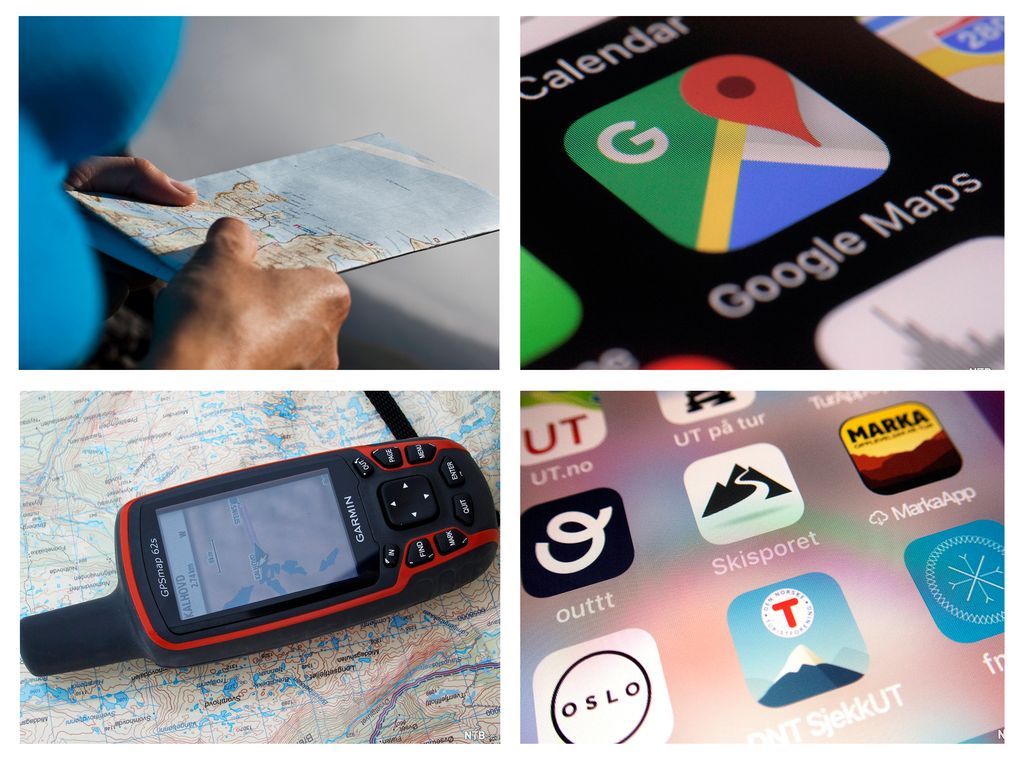Kollasj med bilder som viser fire ulike verktøy for navigasjon: et fysisk papirkart, app-ikonet til Google Maps, en håndholdt GPS-enhet og en smarttelefon med ulike norske tur-apper som UT.no og DNT Sjekkut. Foto.