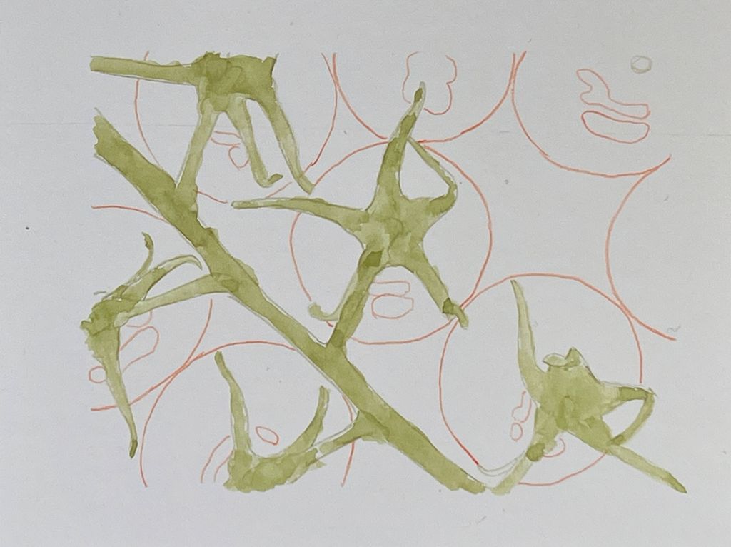Teikning av tomatar der stilkane og begerblada er måla grøne. Illustrasjon.