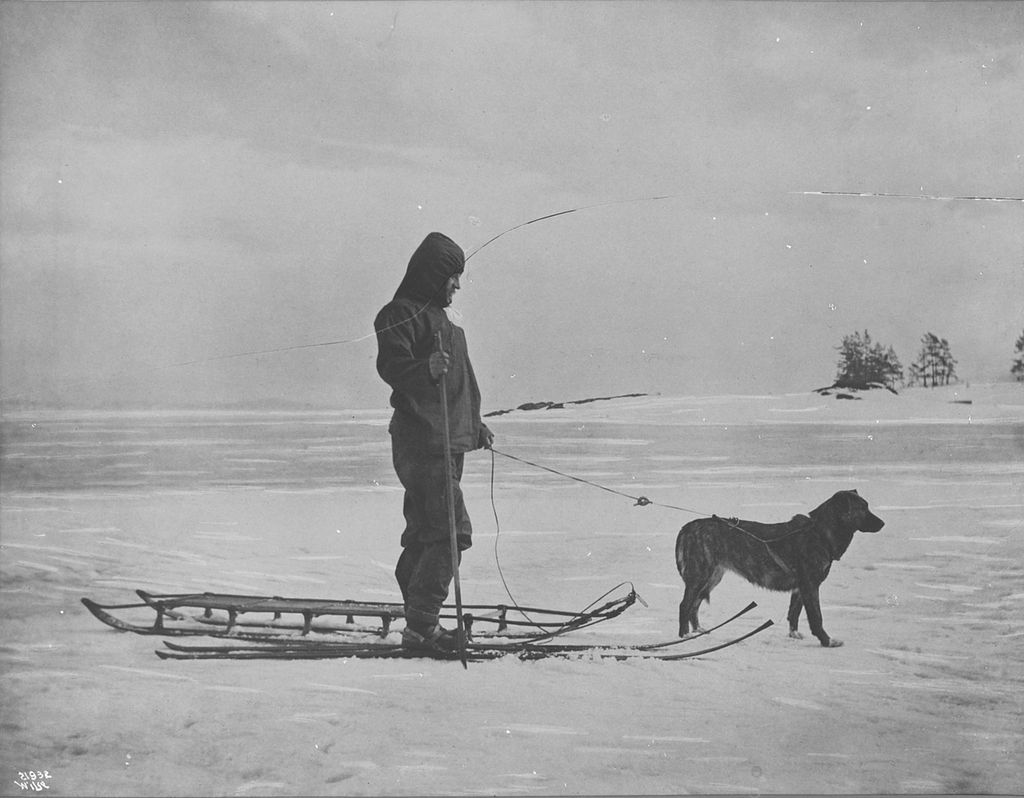 Ein mann på ski med ein hund i vinterlandskap. Foto.
