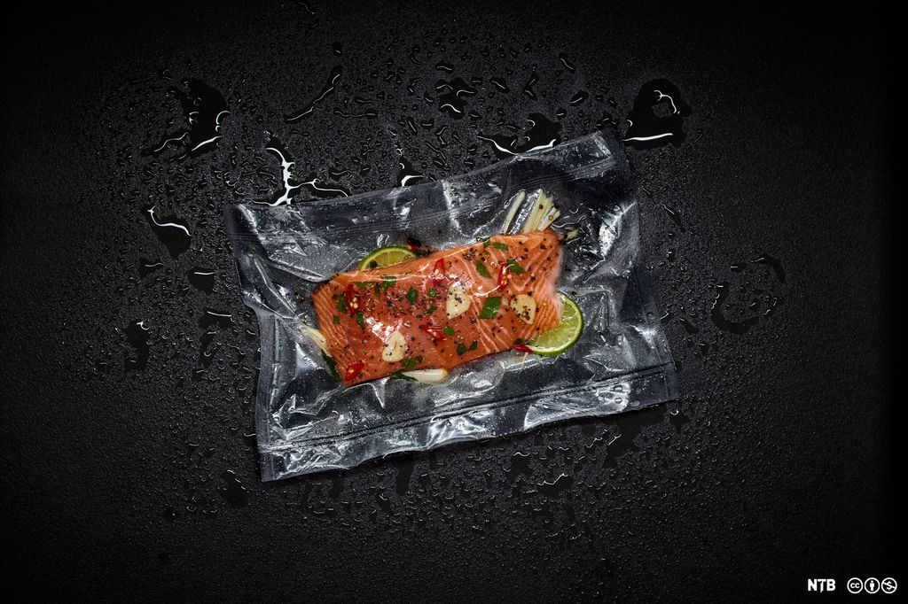 Laksefilet med lime i en vakuumpose. Foto.