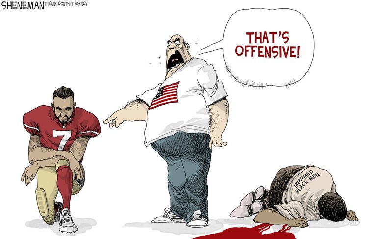 Colin Kaepernick taking a knee. A black man lies shot and dead beside him. A white middle age man points at Colin Kaepernick, telling him that taking a knee is offensive. 