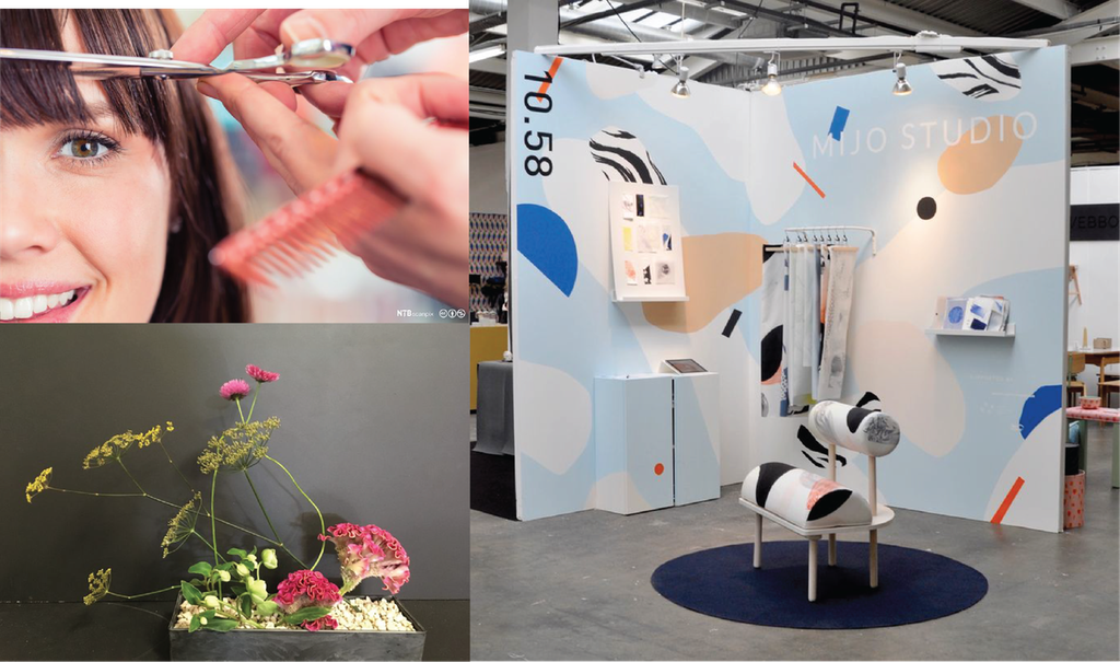 Kollasj med tre bilder. En frisør som klipper en pannelugg, en blomsteroppsats og et bilde fra et utstillingsområde for interiør- og eksponeringsdesign. Foto.