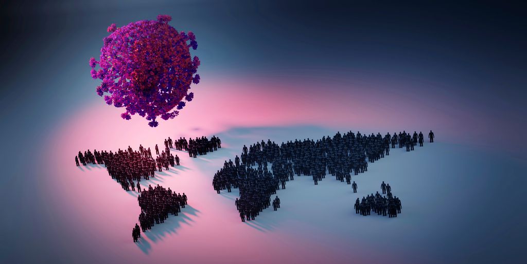 A virus hanging above a map of the world made out of standing people. The colours are greyish blue and light and dark purple. Illustration.