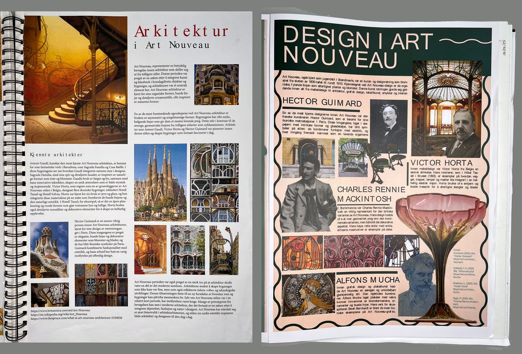 To sider fra prosesshefter. Den ene viser flere bildeeksempler på arkitektur og den andre på design i art nouveau-stil. Foto.