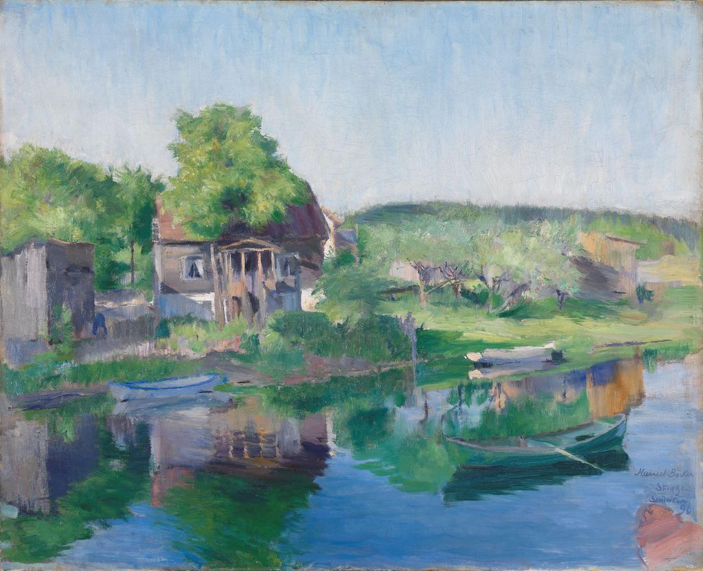 Maleri av båter på ei elv med hus og hage i bakgrunnen. Foto.