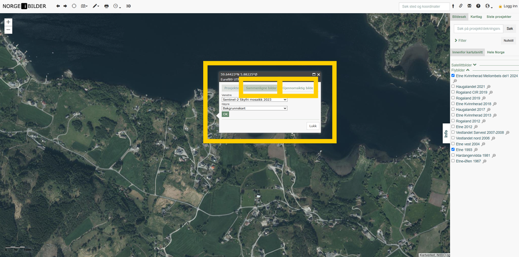 Flyfoto fra tjenesten Norge i bilder. Bildet viser et landskap med åkre, skog og veier ved en fjord. En sprettoppboks har dukket opp midt på bildet. Den er markert med gult. Funksjonene "Sammenligne bilder" og "Gjennomsiktig bilde" inni boksen er også markert med gult. Skjermutklipp.