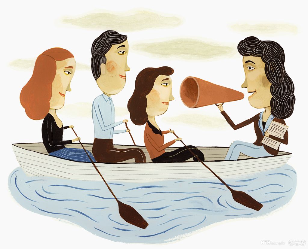 Fire personer sitter i en liten robåt. Tre av dem ror, og en leder sitter foran og gir kommandoer til de andre gjennom en ropert. Illustrasjon.