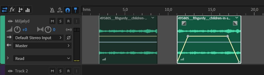 Lydklipp med og uten fade i lydprogrammet Audition. Skjermbilde.