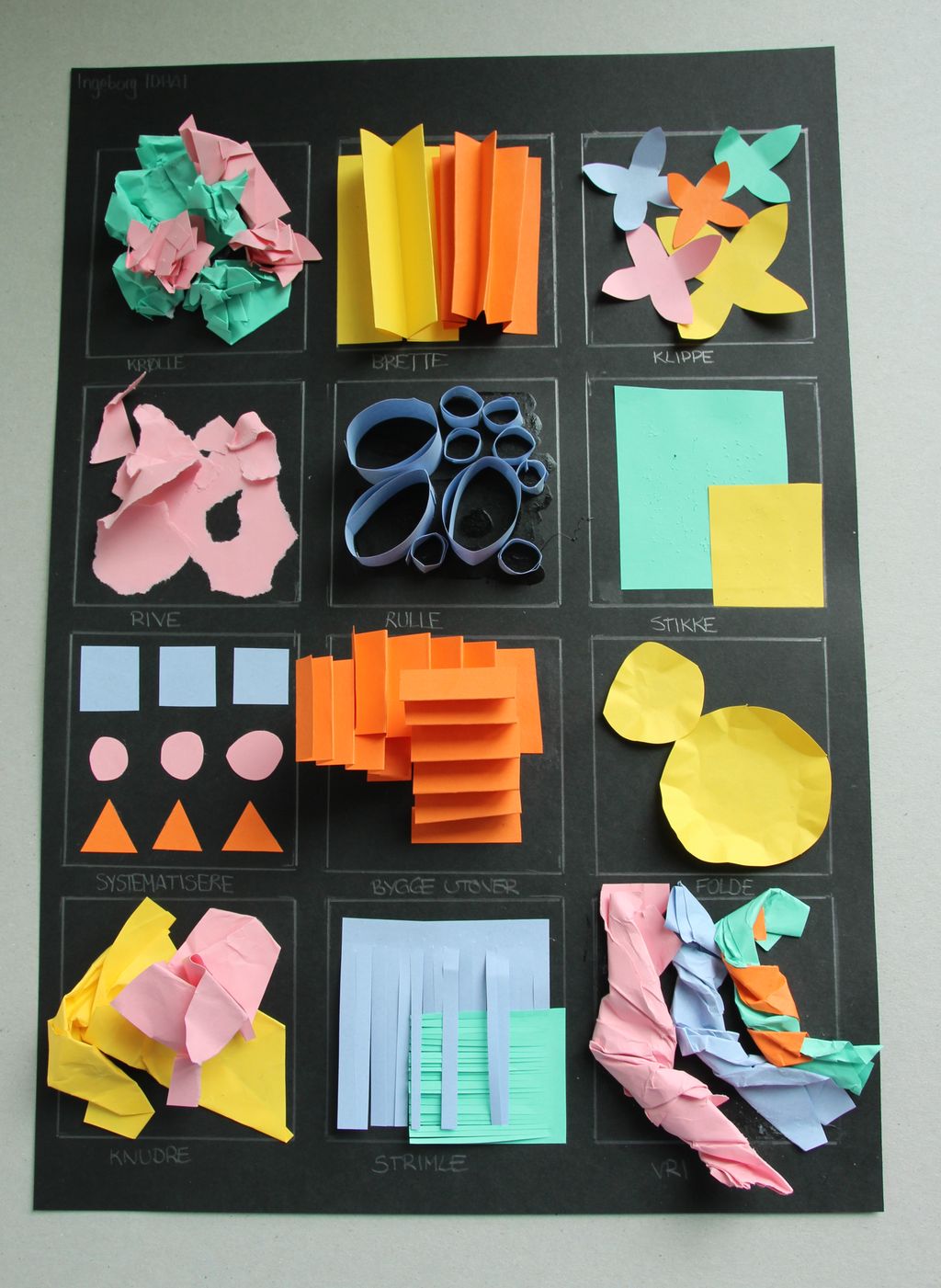 Ulik eksperimentering i papir fordelt på 12 ruter. Foto.