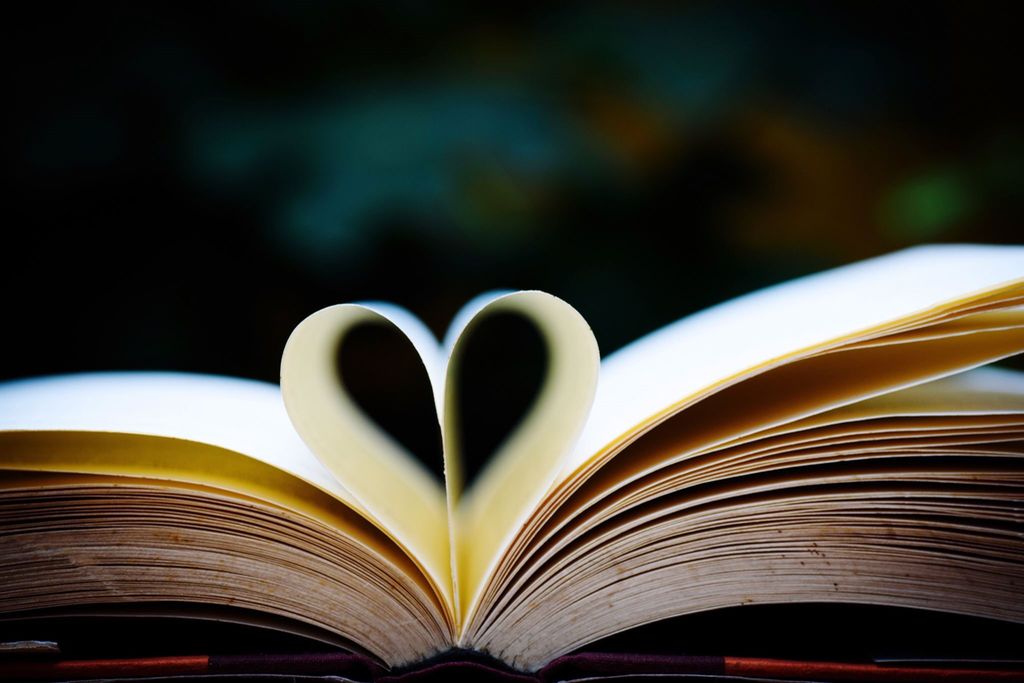 An open book where two pages are folded so that it makes the shape of a heart. Photo.