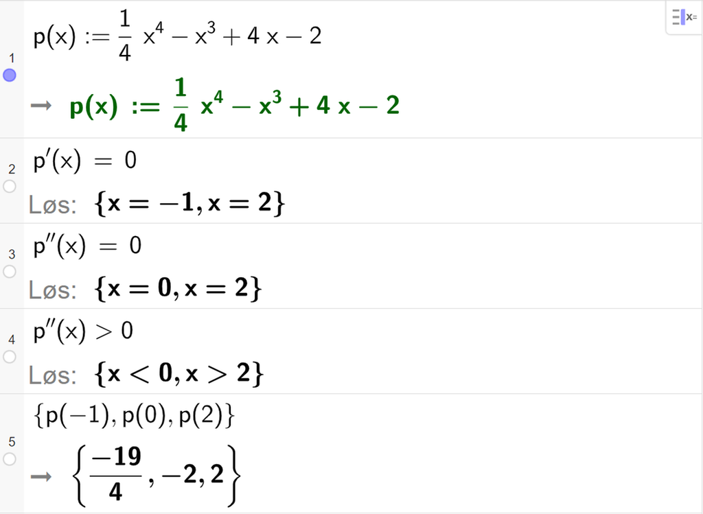 CAS-utregning med GeoGebra. På linje 1 er det skrevet p av x kolon er lik 1 firedels x i fjerde minus x i tredje pluss 4 x minus 2. Svaret er det samme. På linje 2 er det skrevet p derivert av x er lik 0. Svaret med "Løs" er x er lik minus 1 eller x er lik 2. På linje 3 er det skrevet p dobbeltderivert av x er lik 0. Svaret med "Løs" er x er lik 0 eller x er lik 2. På linje 4 er det skrevet p dobbeltderivert av x større enn 0. Svaret med "Løs" er x mindre enn 0 eller x større enn 2. På linje 5 er det skrevet sløyfeparentes p av minus 1 komma, p av 0 komma, p av 2 sløyfeparentes slutt. Svaret er sløyfeparentes minus 19 delt på 4 komma, minus 2 komma 2 sløyfeparentes slutt. Skjermutklipp.