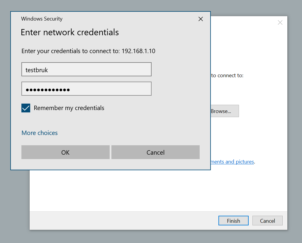 Skjermvindu for pålogging av delt mappe i Windows. Skjermbilde.