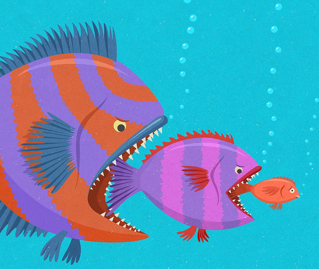 Drawing: A big fish gapes over a smaller fish that gapes over a smaller fish. The sea and the fish are brightly coloured.